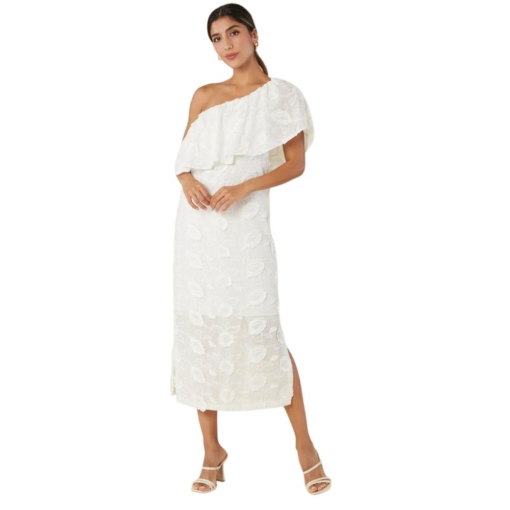 Abbey Glass $188 Sutton One-Shoulder Embroidered Dress White Size M